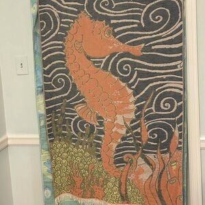 Seahorse Towel + Tapestry in Coral Orange Deep Blue + Lime Green Size 38” x 68”